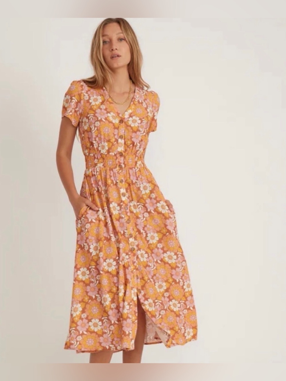 Marine Layer Orange and Pink Floral Button-Front Midi Dress